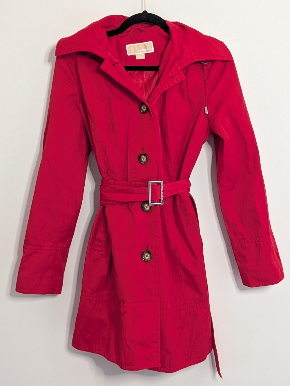 Michael Kors Red Belted Hooded Trench Coat S